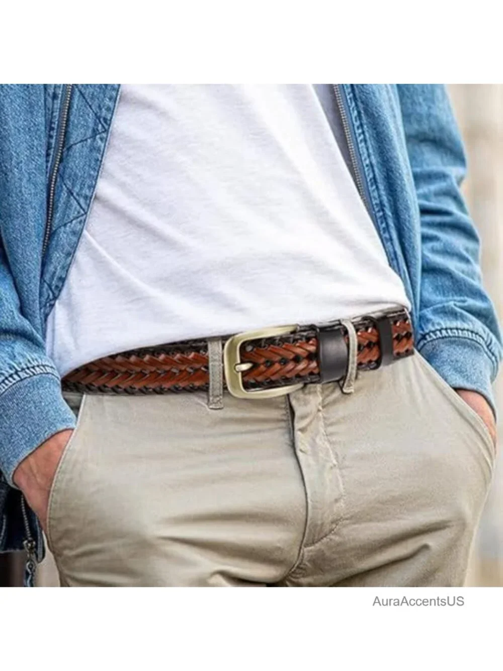 Braided Leather Belt for Men 1 3/8